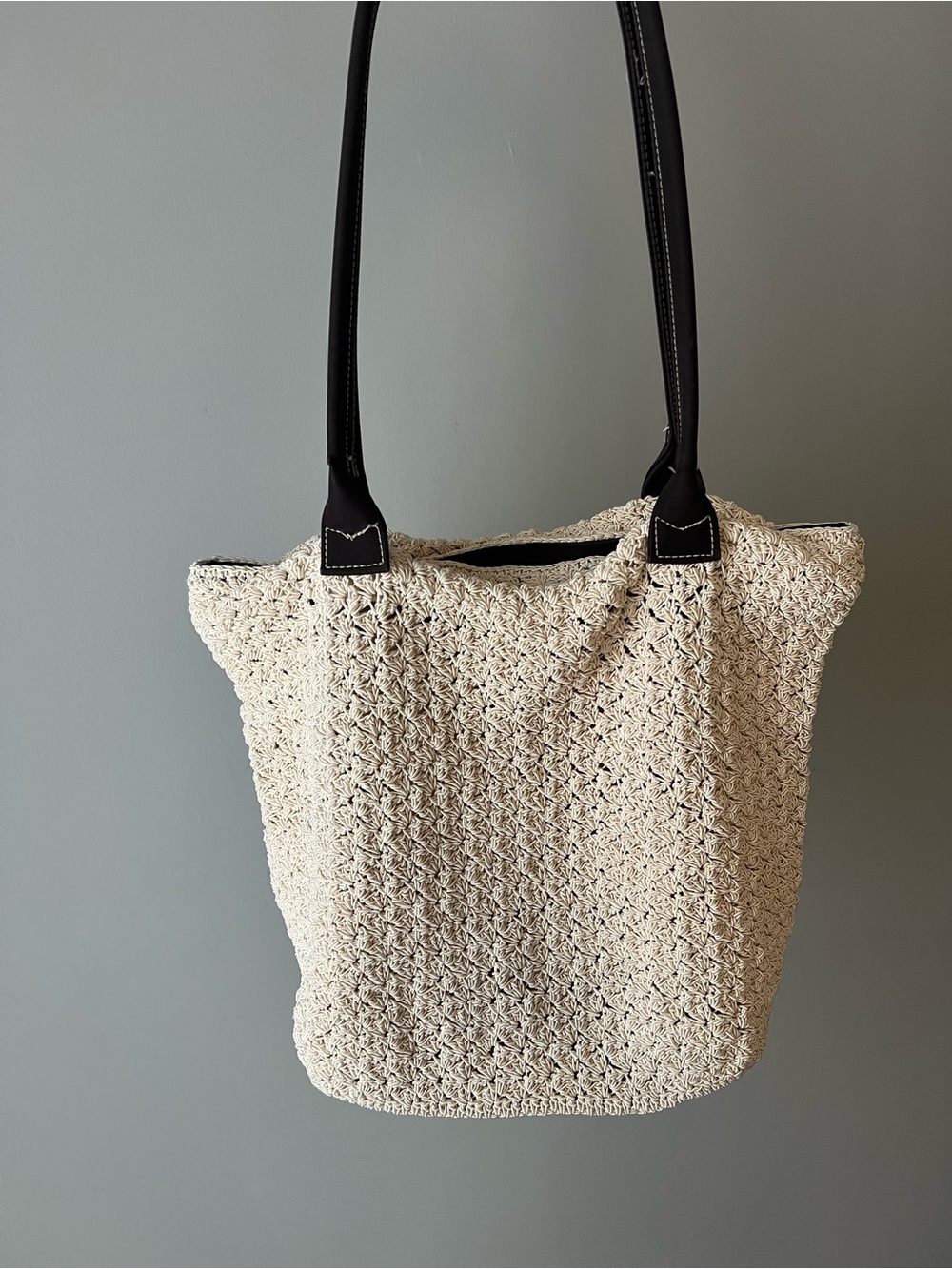 Cream Crochet Tote with Black Handles
